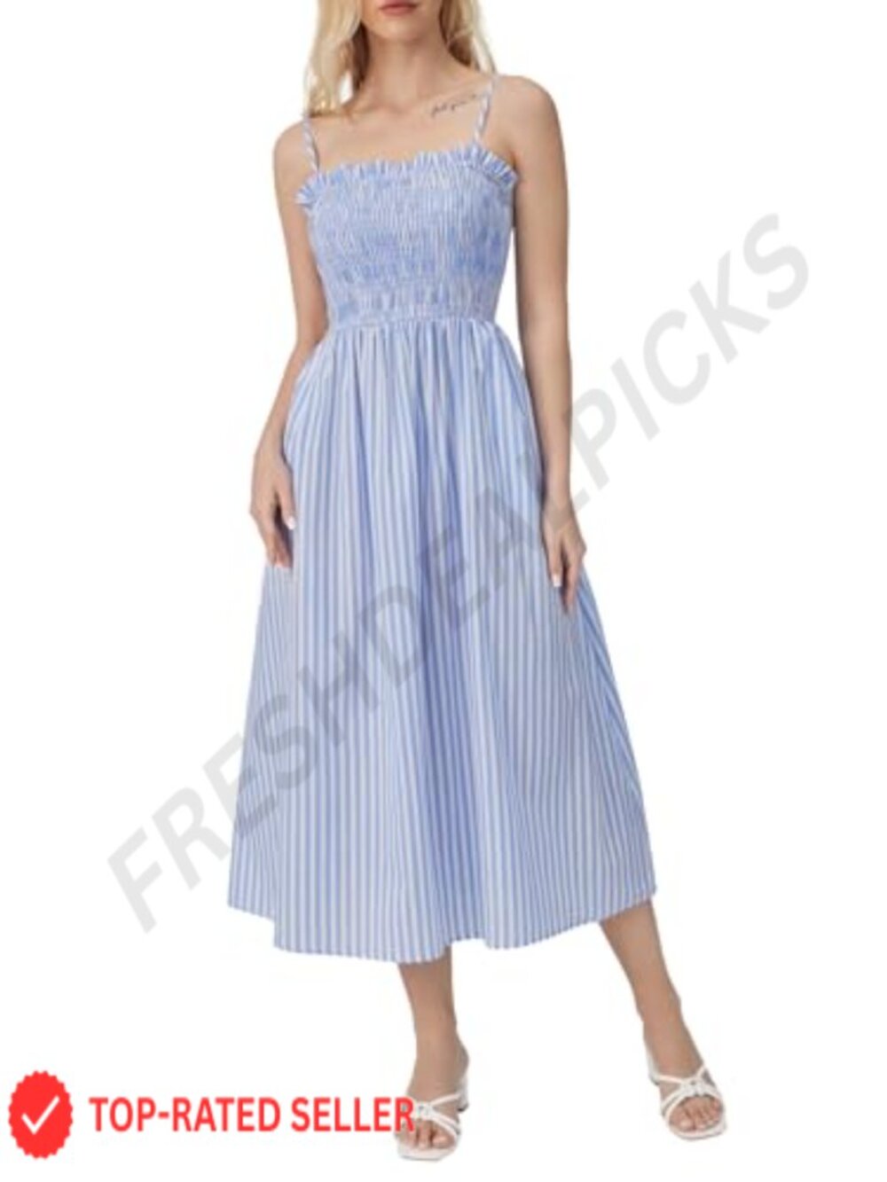 Striped Midi Sundress with Pockets Flowy A-Line Spaghetti Strap Beach Vacation - Picture 5 of 6